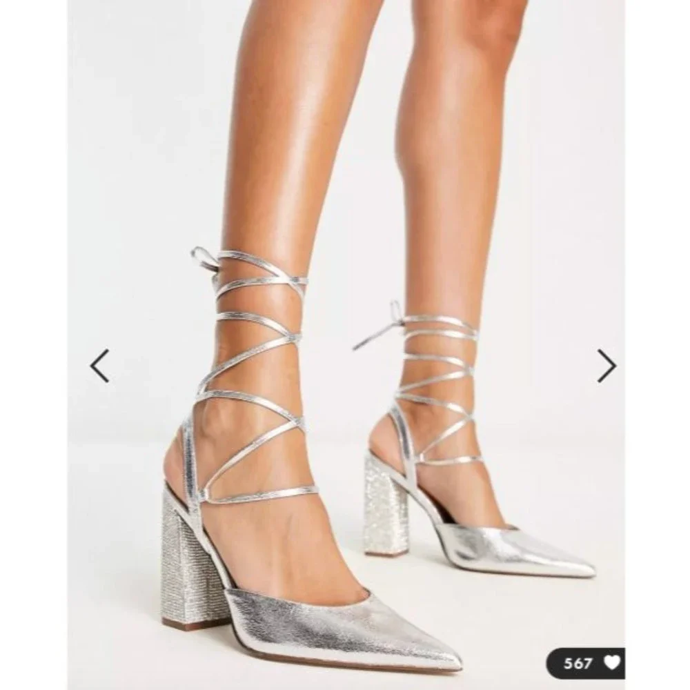 ASOS DESIGN Diamante embellished tie leg block heeled shoes in silver US 6